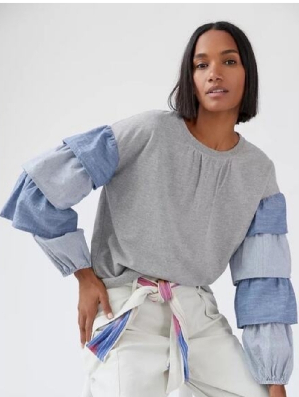 Anthropologie Porridge Puff Sleeve Chambray Sweatshirt sz XS